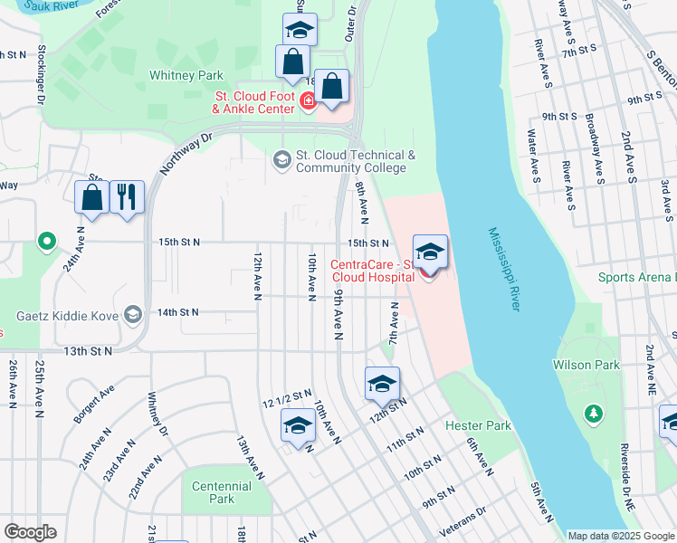 map of restaurants, bars, coffee shops, grocery stores, and more near 1425 9th Avenue North in Saint Cloud