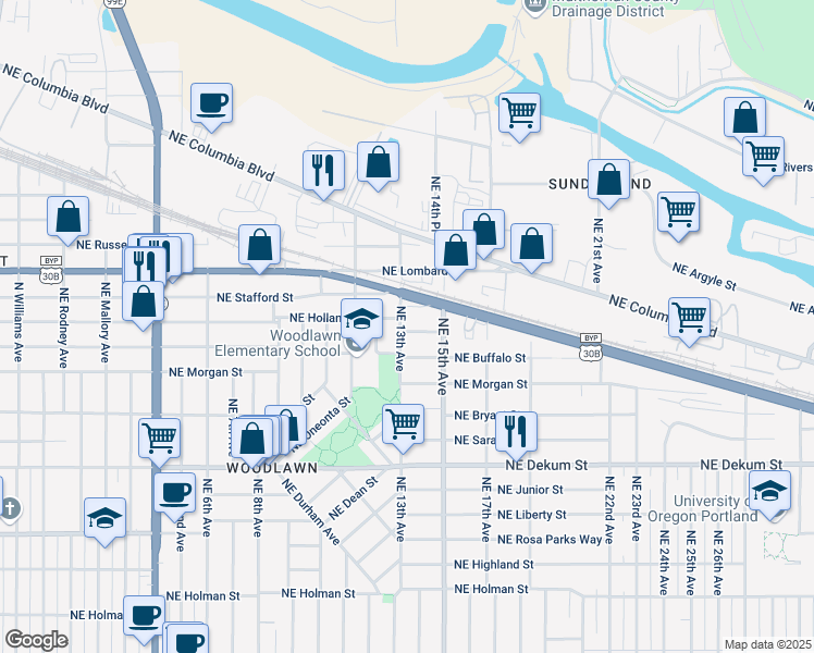 map of restaurants, bars, coffee shops, grocery stores, and more near 1235 Northeast Holland Street in Portland