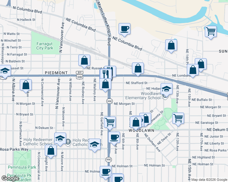 map of restaurants, bars, coffee shops, grocery stores, and more near 7410 Northeast Martin Luther King Junior Boulevard in Portland