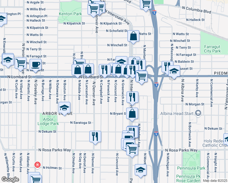 map of restaurants, bars, coffee shops, grocery stores, and more near 7304 North Fenwick Avenue in Portland
