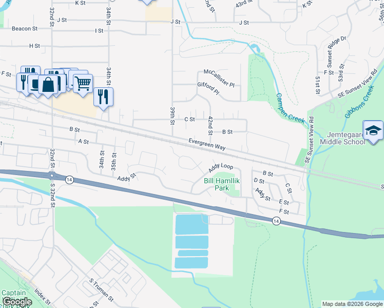 map of restaurants, bars, coffee shops, grocery stores, and more near 4025 Southeast A Loop in Washougal