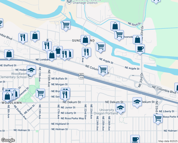 map of restaurants, bars, coffee shops, grocery stores, and more near 2230 Northeast Columbia Boulevard in Portland