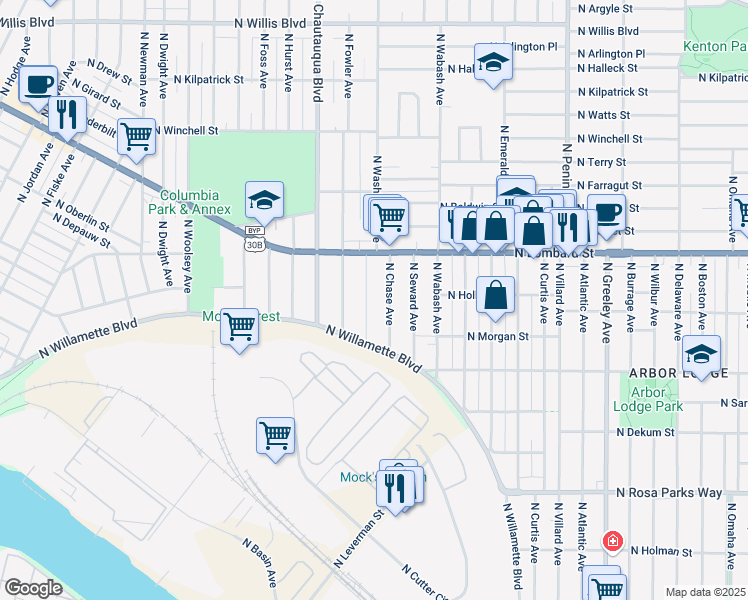 map of restaurants, bars, coffee shops, grocery stores, and more near 7301 North Washburne Avenue in Portland