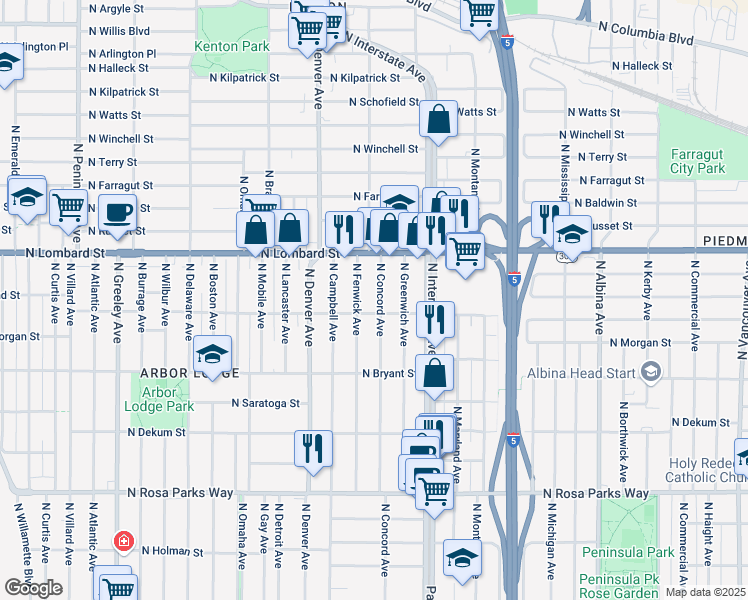 map of restaurants, bars, coffee shops, grocery stores, and more near 7304 North Fenwick Avenue in Portland