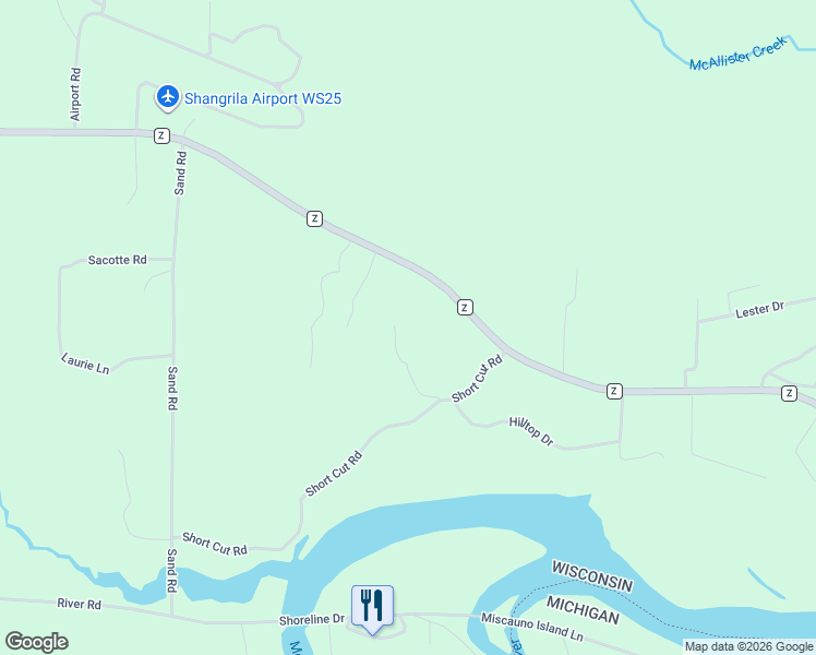 map of restaurants, bars, coffee shops, grocery stores, and more near W4899 Hideaway Drive in Pembine