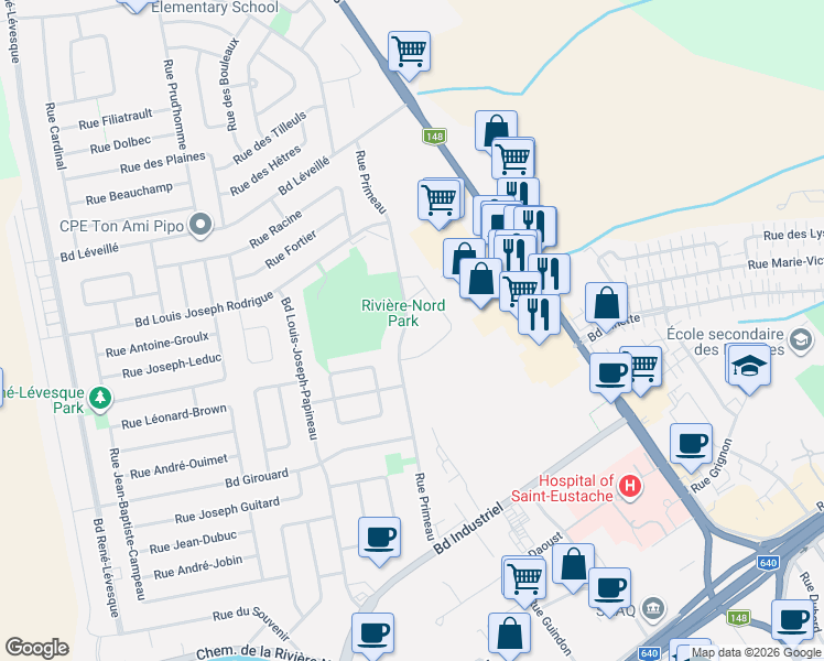 map of restaurants, bars, coffee shops, grocery stores, and more near 685 Rue Primeau in Saint-Eustache