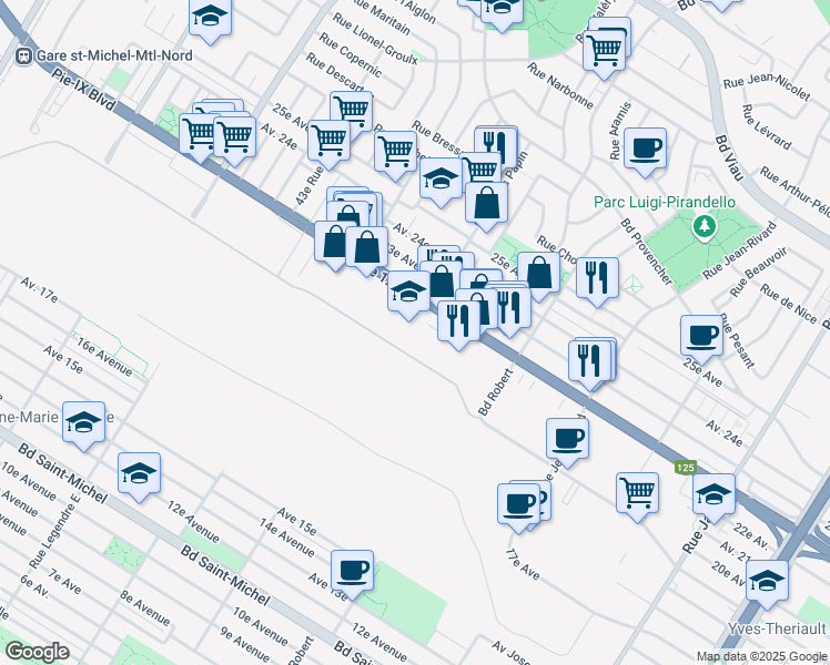 map of restaurants, bars, coffee shops, grocery stores, and more near 8735 Québec 125 in Montréal