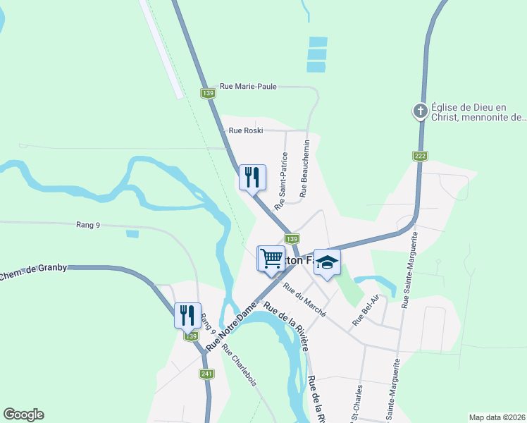 map of restaurants, bars, coffee shops, grocery stores, and more near 87 Rue de l'Église in Roxton Falls