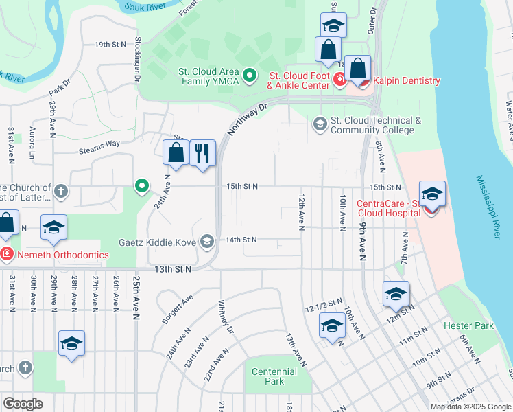 map of restaurants, bars, coffee shops, grocery stores, and more near 1240 15th Street North in St. Cloud