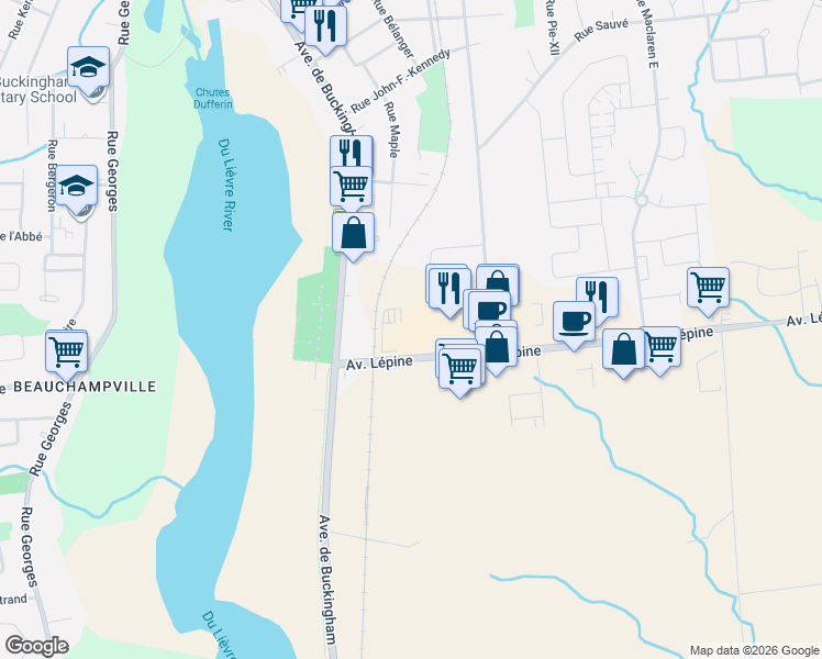 map of restaurants, bars, coffee shops, grocery stores, and more near 121 Avenue Lépine in Gatineau