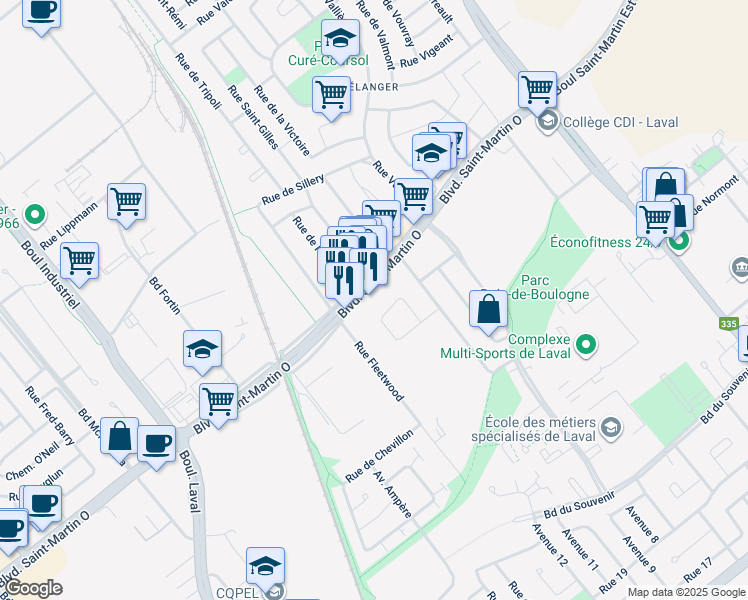 map of restaurants, bars, coffee shops, grocery stores, and more near 584 Rue de Chablis in Laval