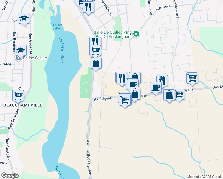map of restaurants, bars, coffee shops, grocery stores, and more near 121 Avenue Lépine in Gatineau