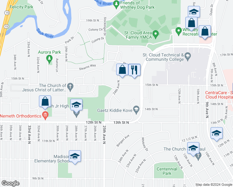 map of restaurants, bars, coffee shops, grocery stores, and more near 1400 Northway Court in Saint Cloud