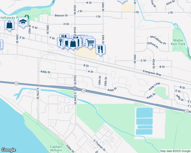 map of restaurants, bars, coffee shops, grocery stores, and more near 3321 Addy Street in Washougal