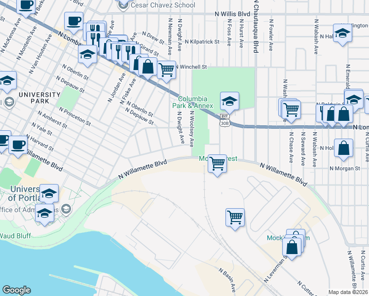 map of restaurants, bars, coffee shops, grocery stores, and more near 4410 North Amherst Street in Portland