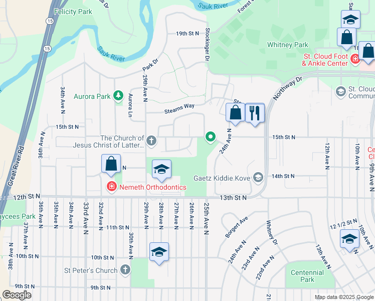 map of restaurants, bars, coffee shops, grocery stores, and more near 2540 15th Street North in St. Cloud