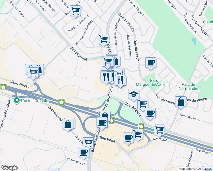 map of restaurants, bars, coffee shops, grocery stores, and more near 95 Boulevard de Mortagne in Boucherville
