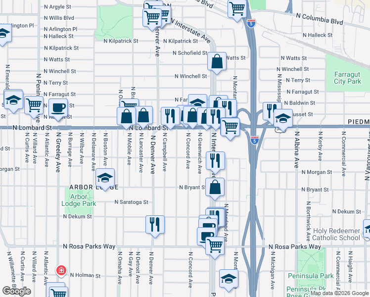 map of restaurants, bars, coffee shops, grocery stores, and more near 7237 North Concord Avenue in Portland