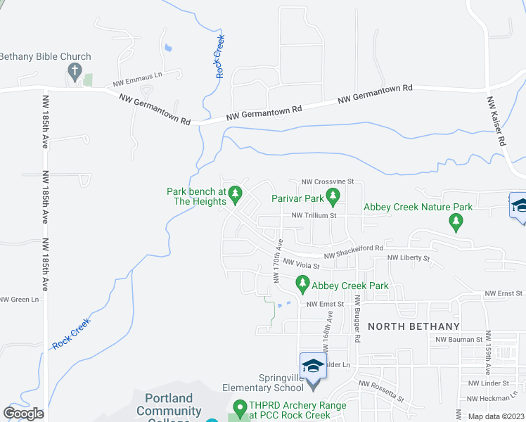map of restaurants, bars, coffee shops, grocery stores, and more near 17255 Northwest Trillium Street in Portland