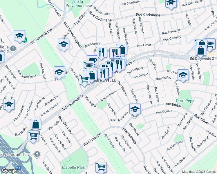 map of restaurants, bars, coffee shops, grocery stores, and more near Croissant Heloise in Laval