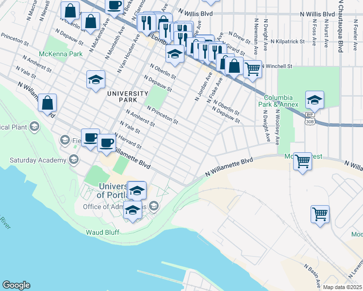map of restaurants, bars, coffee shops, grocery stores, and more near 6925 North Fiske Avenue in Portland