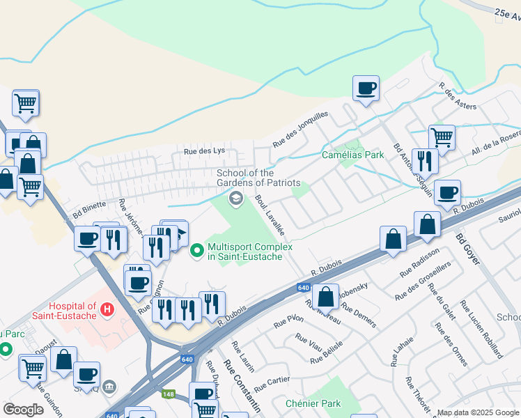 map of restaurants, bars, coffee shops, grocery stores, and more near 572 Boulevard Lavallée in Saint-Eustache