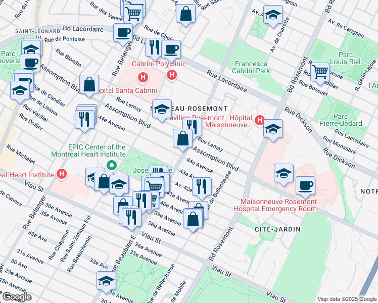 map of restaurants, bars, coffee shops, grocery stores, and more near 5430 Rue Beaubien Est in Montréal