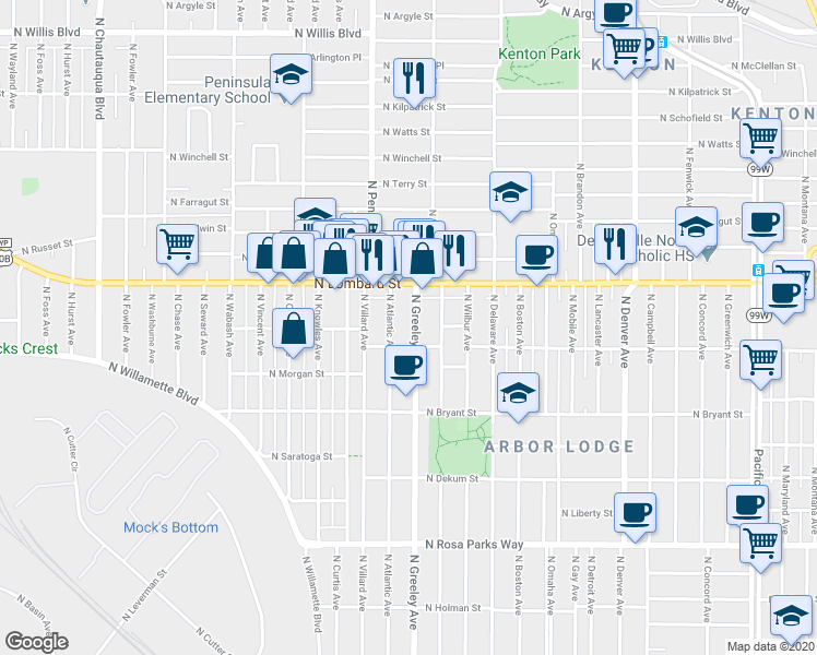 map of restaurants, bars, coffee shops, grocery stores, and more near 7234 North Greeley Avenue in Portland