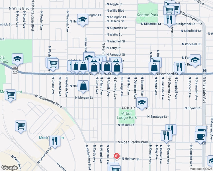 map of restaurants, bars, coffee shops, grocery stores, and more near 7235 North Atlantic Avenue in Portland