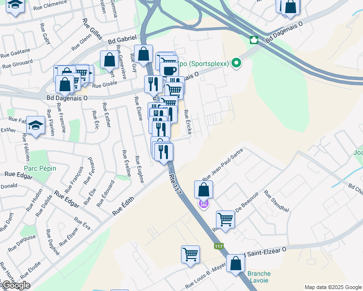 map of restaurants, bars, coffee shops, grocery stores, and more near 370 Boulevard Curé-Labelle in Laval