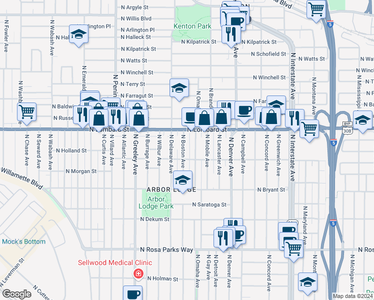 map of restaurants, bars, coffee shops, grocery stores, and more near 7238 North Boston Avenue in Portland