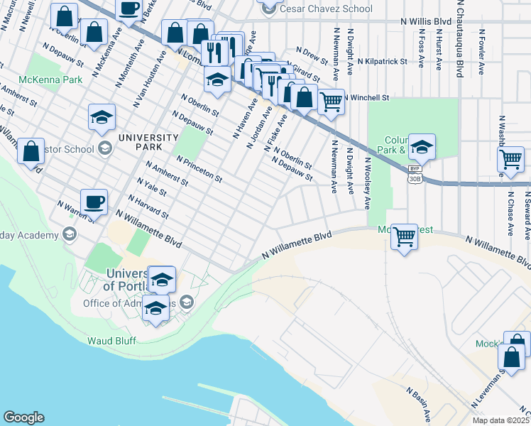 map of restaurants, bars, coffee shops, grocery stores, and more near 7025 North Olin Avenue in Portland