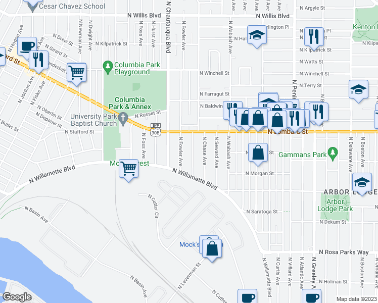 map of restaurants, bars, coffee shops, grocery stores, and more near 7301 North Washburne Avenue in Portland