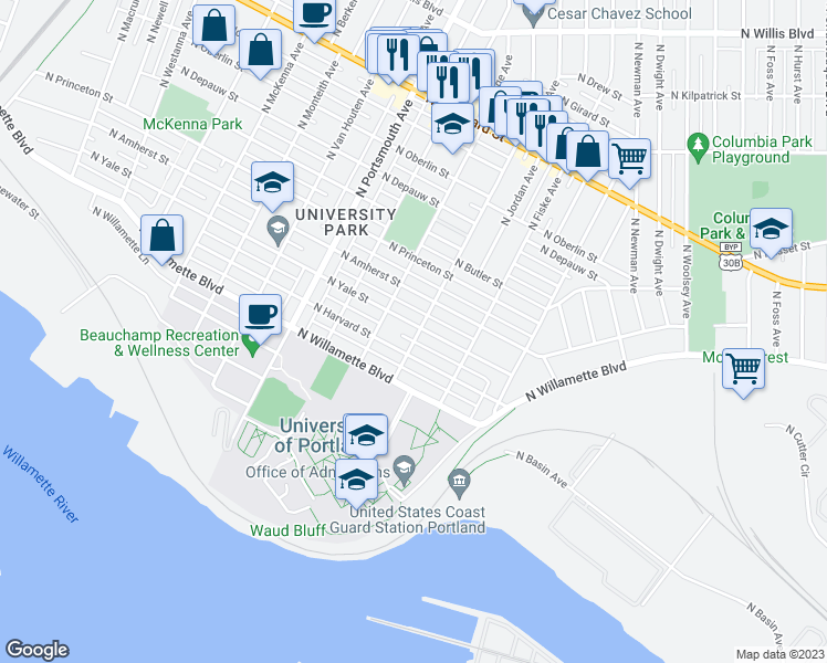 map of restaurants, bars, coffee shops, grocery stores, and more near 5012 North Yale Street in Portland