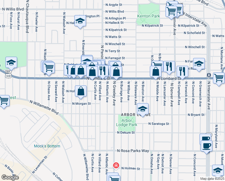 map of restaurants, bars, coffee shops, grocery stores, and more near 7234 North Greeley Avenue in Portland