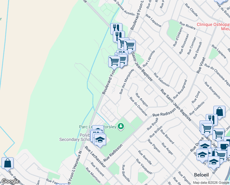 map of restaurants, bars, coffee shops, grocery stores, and more near 725 Rue des Manoirs in Beloeil
