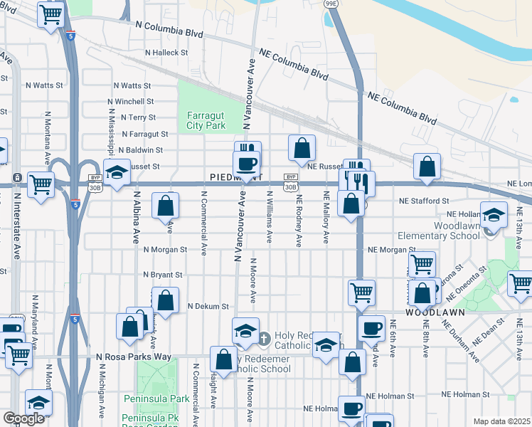 map of restaurants, bars, coffee shops, grocery stores, and more near 7303 North Williams Avenue in Portland