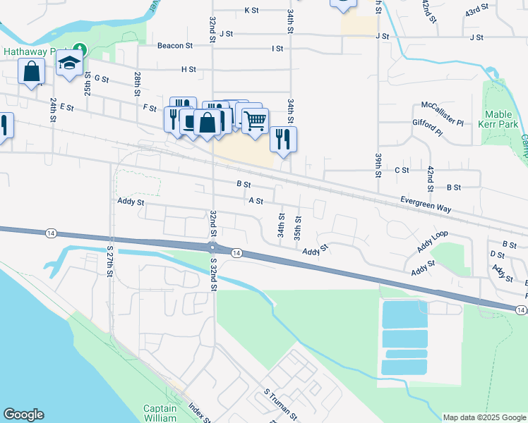 map of restaurants, bars, coffee shops, grocery stores, and more near 3321 Addy Street in Washougal