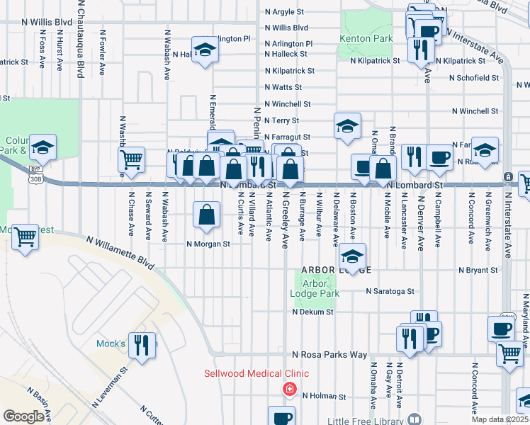 map of restaurants, bars, coffee shops, grocery stores, and more near 7235 North Atlantic Avenue in Portland