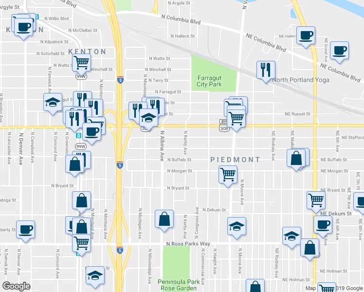 map of restaurants, bars, coffee shops, grocery stores, and more near 609 North Holland Street in Portland
