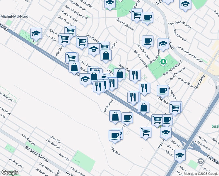 map of restaurants, bars, coffee shops, grocery stores, and more near 8600 23e Avenue in Montréal