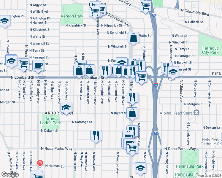 map of restaurants, bars, coffee shops, grocery stores, and more near 7304 North Fenwick Avenue in Portland