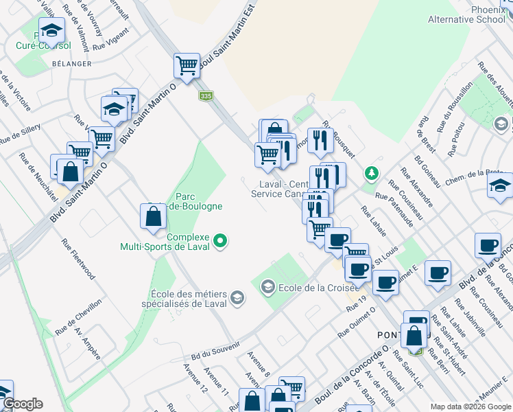 map of restaurants, bars, coffee shops, grocery stores, and more near 146 Terrasse Paul-Comtois in Laval