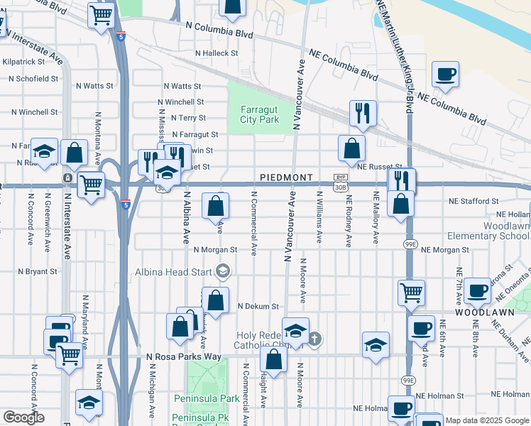 map of restaurants, bars, coffee shops, grocery stores, and more near 405 North Holland Street in Portland