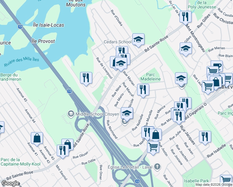 map of restaurants, bars, coffee shops, grocery stores, and more near 3892 Rue Nina in Laval