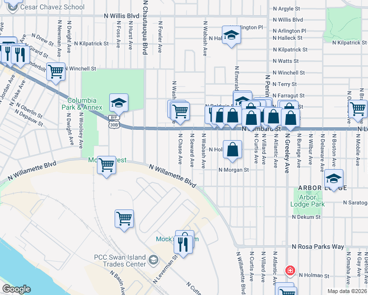 map of restaurants, bars, coffee shops, grocery stores, and more near 7302 North Chase Avenue in Portland