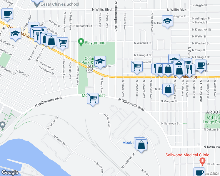 map of restaurants, bars, coffee shops, grocery stores, and more near 7320 North Hurst Avenue in Portland