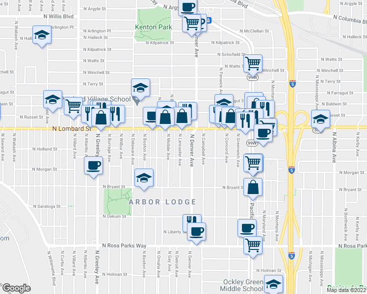 map of restaurants, bars, coffee shops, grocery stores, and more near 7304 North Lancaster Avenue in Portland
