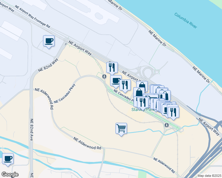 map of restaurants, bars, coffee shops, grocery stores, and more near 9300-9398 NE Cascades Pkwy in Portland
