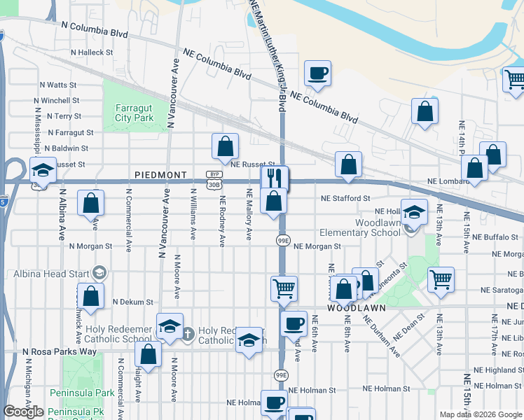 map of restaurants, bars, coffee shops, grocery stores, and more near 233 Northeast Holland Street in Portland